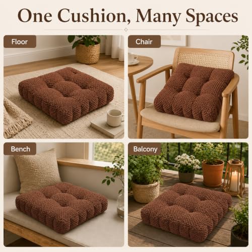 ChezMax Floor Pillow & Cushion, Large Meditation Chair Cushion, Thick Square Seat Pad, Soft Velvet Tufted Seating Pouf for Indoor/Outdoor Yoga Bench Rocking Chair Room Tatami Sofa, Coffee 20"x20" - color: Coffee L