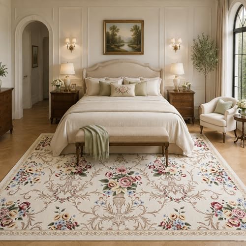 Helthep Washable Vintage Floral Area Rug 8x10, Ultra Soft Faux Wool Low Pile Rug, Non-Slip Backing,Soft Farmhouse Boho Cream Rug for Bedroom Dining Room Home Office, Pet & Kid Friendly - color: White, size: 8' x 10' (Rectangular)