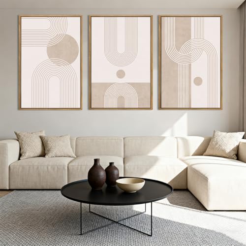 ANHUIB Neutral Boho Abstract Canvas Wall Art Set of 3 Framed Mid Century Modern Wall Decor Beige Geometric Line Artwork Minimalist Prints 16x24 Inch Painting for Living Room Bedroom Dining Room Office - color: Neutral Line, size: 24"L x 16"W