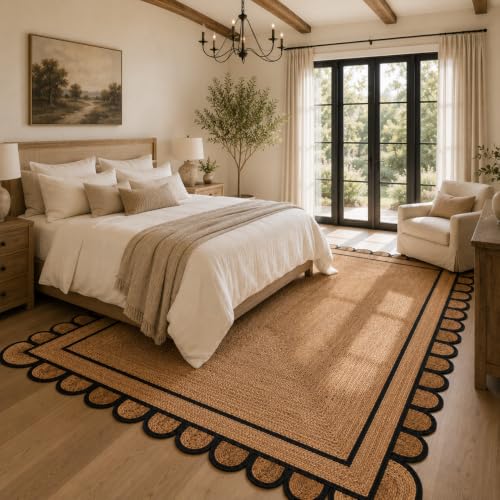 Braided Scalloped Jute Rug Natural with Black Trim, Handmade Farmhouse Boho Area Rug for Entryway, Kitchen, Hallway, Living Room, Bedroom, Rustic Woven Floor Rug - (Black- 10X14 ft) - size: 10' x 14' (Rectangular)