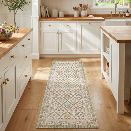 jinchan Haden Runner Rug 2x6 Vintage Floral Washable Hallway Rug for Entrance Kitchen Soft Non-Slip Low Pile Bedside Laundry Room Cottage Warm Indoor Decor Sage Green - color: Sage Green, size: 2' x 6' (Runner)