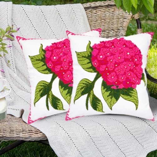 Alysheer Hydrangea Embroidered Decorative Throw Pillow Covers 18"x 18" Set of 2, Summer Floral Tufted Patterned Hot Pink Cotton Cushion Cases for Couch Bed Living Room Decor - color: Hydrangea Hot Pink, size: 18" x 18" (Pack of 2)