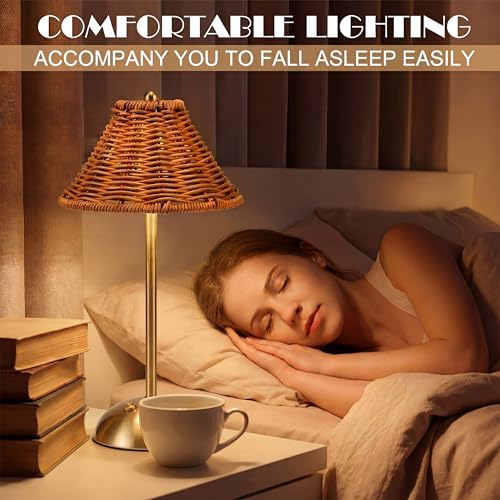 4 Pack Wedding Cordless Rattan Table Lamps Wicker Night Light LED Rechargeable Reading Lights 3 Color Portable Touch Control Party Decor with Bows for Outdoor Party Wedding Patio - style: Rattan
