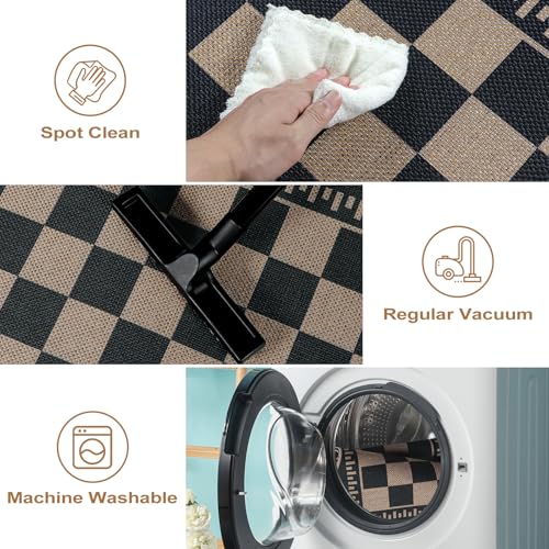 Checkered Easy Jute Front Door Mat, 2.6x4 Washable Entryway Rug Non Slip Small Kitchen Rug, Farmhouse Low Pile Floor Scalloped Rugs for Doorway Porch Bathroom - color: Black Checkered, size: 2.6'x4' (Rectangular)