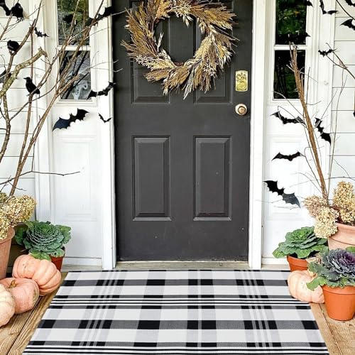 Fall Décor Plaid Rug, 2'4" x 3'7" Black&White Check Indoor/Outdoor Area Rug, Layering Rug for Hello/Welcome Doormat, Machine Washable Cotton Woven Rugs for Farmhouse Front Porch,Entryway - color: Black & White Plaid X, size: 2'4" x 3'7" (Rectangular)