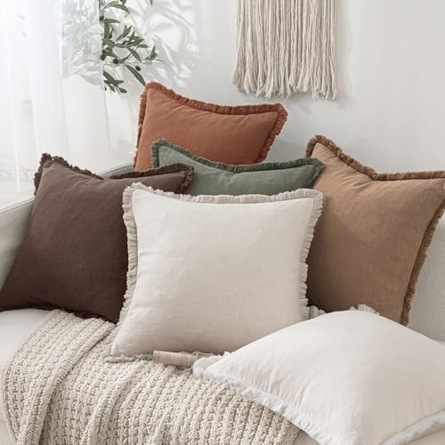 MIULEE Decorative Throw Pillow Covers Neutral Linen Fringe Throw Pillows Set of 2 Dark Brown Boho Farmhouse Cushion Covers with Tassels for Couch Sofa Bed Living Room Spring Decor 18x18 Inch - color: Dark Brown, size: 18" x 18" (Pack of 2)
