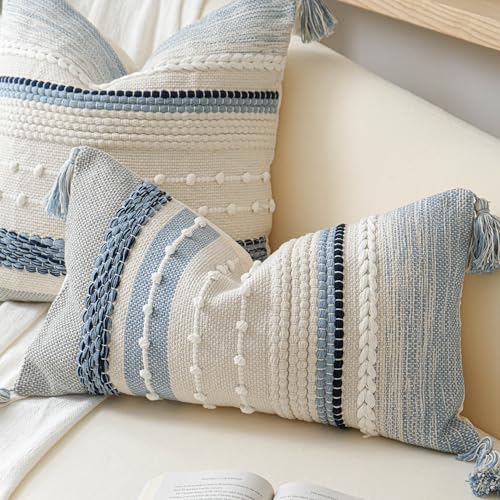 BlissBlush Decorative Lumbar Throw Pillow Cover 12x20 Coastal Blue Accent Cushion for Couch Sofa Farmhouse Pillowcase for Bedroom Living Room Home Décor Cover ONLY - color: Coastal Blue, size: 20" x 12" (Pack of 1)