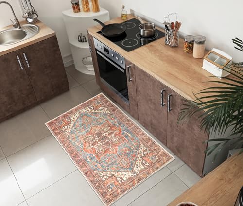 Keen Home Design 2x3 Rug - Machine Washable Entry Rug with Non-Slip Backing, Ideal for Enteryway, Kitchen, Bathroom, Laundry Room - Vintage, Easy Clean, Durable, Low Pile Rug - (2' x 3') - color: Blue / Orange, size: 2' x 3' (Rectangular)