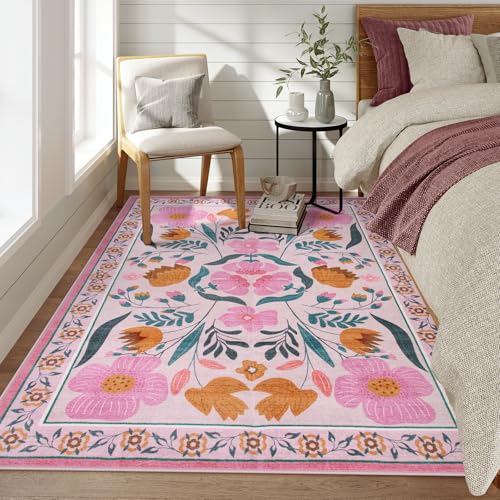 Beeiva Pink Flower 5x7 Rugs for Bedroom Girls, Nursery Rug for Dorm Carpet with Low-Pile Non Slip, Soft Floral Indoor Ultra-Thin Carpet for Classroom Living Dining Room Décor (Pink,5'x7') - color: Pink, size: 5' x 7' (Rectangular)