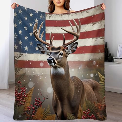 American Flag Hunting Deer Antler Fern Berry Super Soft Throw Blanket, Colorful Flag Brown Flannel Fleece Decorative Throw for Sofa Couch Bedroom Decor Outdoor Use 30"x40" - color: American Flag Hunting Deer Antler Fern Berry, size: 30"x40"