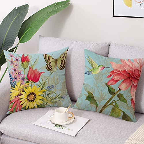 wyooxoo Spring Summer Pillow Covers 16x16 Set of 4 Decorative Throw Pillow Covers Linen Flower Butterfly Farmhouse Pillowcases for Sofa Couch Living Room Outdoor - color: Color B, size: 16" x 16" (Pack of 4)
