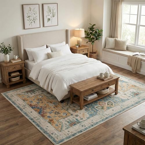 5x7 Area Rugs for Living Room, Machine Washable Boho Area Rug, Low Pile Non Slip Vintage Rugs, Stain Resistant Carpet for Bedroom Dinning Room Nursery Farmhouse Office Home-Blue/Gold/Beige - color: Blue/Gold/Beige, size: 5' x 7' (Rectangular)