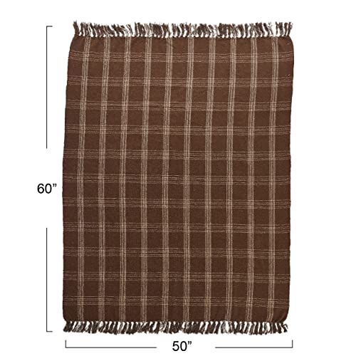 Creative Co-Op Recycled Cotton Blend Throw Blanket with Fringe, Brown Plaid - color: Brown, size: One Size