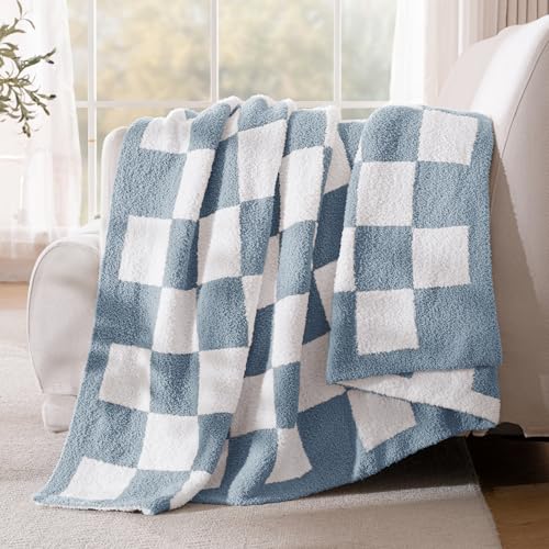 Exclusivo Mezcla Checkered Twin Size Knit Blanket for Bed, Ultra Soft and Warm Reversible Woven Blankets, Cozy Snuggly Throw for Couch Bed and Home Decor, Stone Blue, 60"x80" - color: Stone Blue, size: Twin (60"x80")