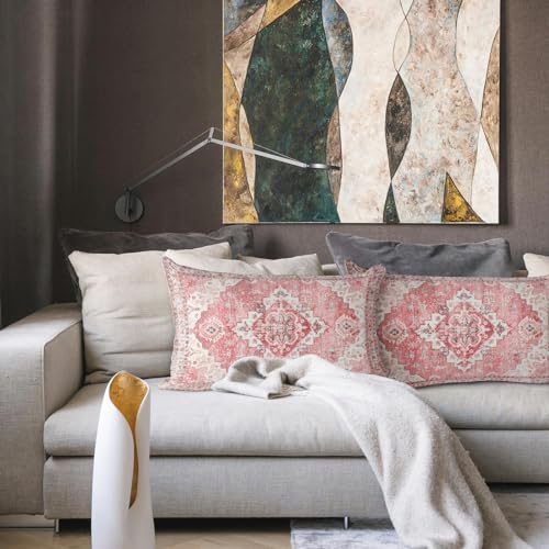 Snycler Pink Boho Throw Pillow Covers Set of 2 Monaco Rug Carpet Double Sided Pattern Cotton Soft Pillow Case Cushion Cover Pillowcase for Garden Couch Sofa Bed Decorative 12x20 inch - color: Pink, size: 20" x 12" (Pack of 2)