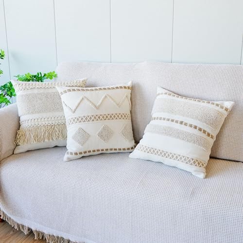 Boho Throw Pillow Cover Tassels Textured Striped Bed Pillow Shams Farmhouse Neutral Decorative Soft Pillowcase for Sofa Couch Bed (PatternB,18"x18") - color: Pattern B, size: 18"x18",Throw Pillow Covers