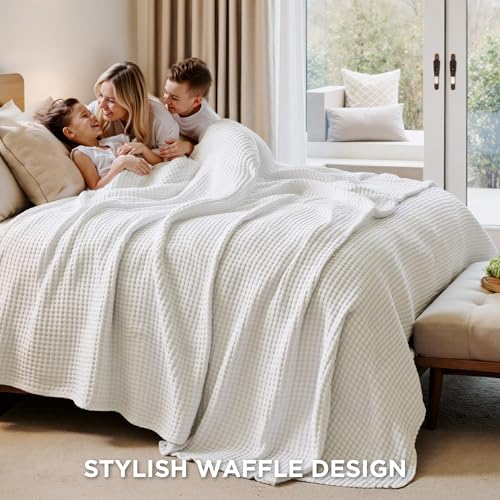 Bedsure Cooling Waffle Queen Size Blanket - Lightweight Cotton Summer Blanket of Rayon Derived from Bamboo for Hot Sleepers, Luxury Throws for Bed, Couch and Sofa, Ivory, 90x90 Inches - color: Ivory, size: Queen (90" X 90")