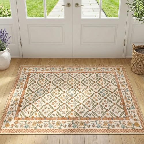 jinchan Haden Accent Rug 3x5 Vintage Floral Washable Rug for Bedside Entryway Soft Non-Slip Low Pile Small Carpet for Girls Dorm Small Living Room Cottage Indoor Decor Terracotta - color: Terracotta, size: 3' x 5' (Rectangular)