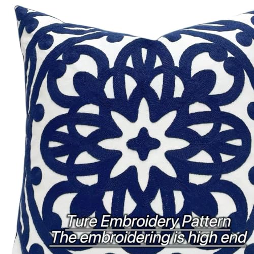 Slow Cow Canvas Embroidered Decorative Throw Pillow Cover Square 18 x18 inches Cozy Boho Mandala Chic Knit Pattern Cushion Cover for Sofa Couch Living Room Bedroom - color: Navy Petal, size: 18" x 18" (Pack of 1)