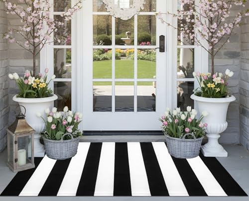 Striped Outdoor Rug 24"x51",Cotton Woven Washable Black and White Front Door Mat Farmhouse Layered Door Mats Throw Rugs for Porch/Bedroom/Home Entrance Decor - color: Black White, size: 2' x 4'3" (Rectangular)