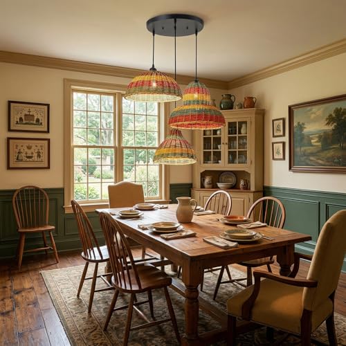 Farmhouse Rattan Pendant Light 3-Lights Woven Chandelier Boho Hanging Light Fixture Multicolor Basket Wicker Shade Rattan Chandelier for Kitchen Dining Room Living Room, DIY, Adjustable Height - color: Rattan -3-Light, Multicolor