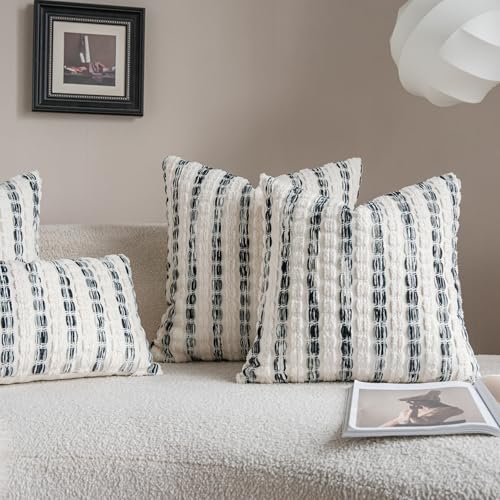 Caflife Boho Throw Pillow Covers 22x22 Inch Set of 2, Farmhouse Black Striped Textured Chenille Decorative Couch Pillow Cases, Rustic Accent Cushion Covers for Sofa Bed Living Room Bedroom - color: Black, size: 22" x 22" (Pack of 2)