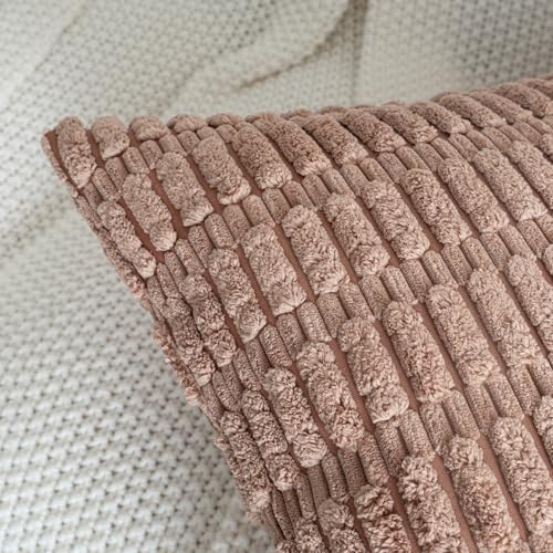 Decorative Throw Pillow Covers 16x16 Inch Set of 2, Corduroy Soft Striped Boho Couch Pillow Covers Modern Farmhouse Home Decor for Sofa Neutral Living Room Bed Light Brown - color: Light Brown, size: 16" x 16" (Pack of 2)