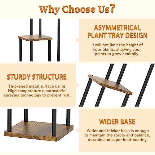 Oppro 3 Tier Corner Plant Stand Indoor, Metal Wood Flower Pot Holder Shelf, Multiple Display Rack Square Table for Living Room Bedroom Orchid Outdoor Balcony Garden Patio, Modern Black & Rustic Brown - color: Black-3 Tier