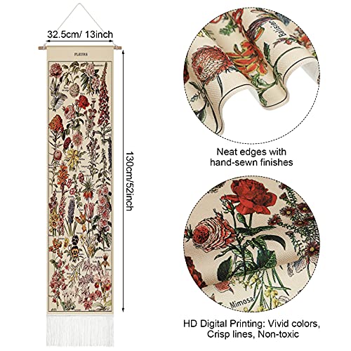 Tegeme Vintage Tapestry 52 x 13 Inch, Long Vertical Wall Hanging Reference Illustrative Botanical Tassel Tapestry for Bedroom Living Room Home Decoration(Flower)