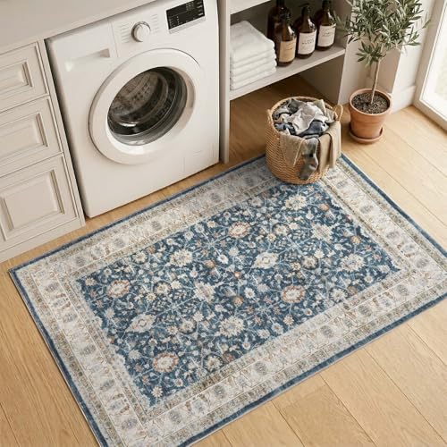 jinchan 3x5 Washable Vintage Area Rug, Distressed Traditional Floral Entryway Accent Rug, Soft Low-Pile Non-Slip Floor Mat for Indoor Foyer, Kitchen Sink Bedroom Bathroom Vanity, Blue - color: Oriental Beige on Dark Blue, size: 3' x 5' (Rectangular)