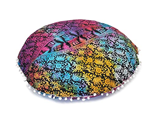 CRAFT KALA Large Hippie Floor Pillow Cover Mandala Meditation Cushion Case Pouf Cover Round Poufs Cover Bohemian Floor Cushion Cover Outdoor Fireplace Yoga Living Room Decor 32" Multi-Color Peacock - color: Multi-color Peacock