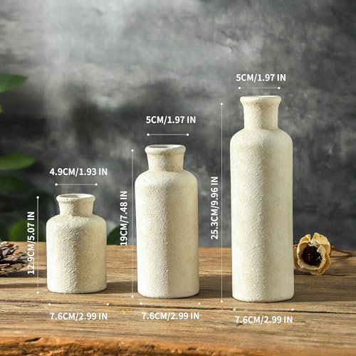 Ceramic Vases Set of 3, Whitewashed Neutral Flower Vases Home Decor, Pottery Rustic Farmhouse Decorative Vases Modern Decor for Table Mantel Entryway Bookshelf Living Room Kitchen Bedroom - color: 007 Rustic - White