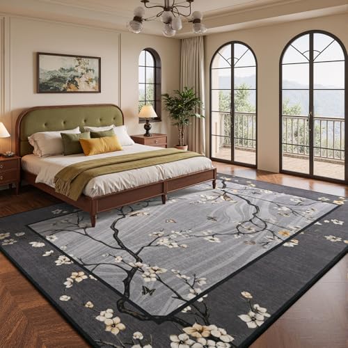 4x6 Area Rug for Living Room, Oriental Floral Birds Washable Rugs for Bedroom, Soft Low Pile Non Slip Carpet for Dining Room Kids Room Nursery Office Home Decor, Grey - color: Grey, size: 4' x 6' (Rectangular)