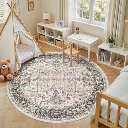 Area Rug for Living Room - 8x8 Large Soft Washable Oriental Vintage Floral Carpet Safe for Babies & Pets - Fade Stain Resistant Non Slip Rugs for Bedroom Dining Room Nursery Dorm Office Home Decor - color: Multi Color, size: 8' x 8' (Round)