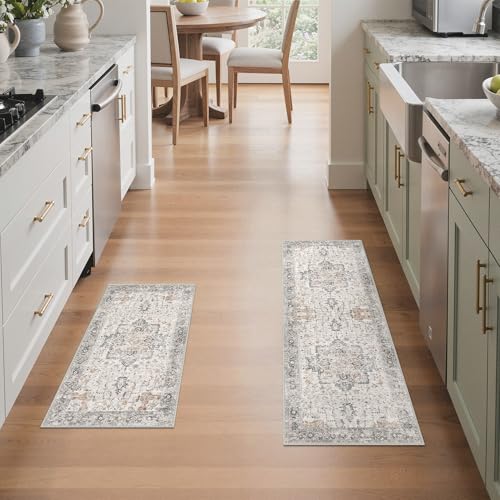 GENIMO Runner Rug 2PCs, Machine Washable Non Slip Vintage Hallway Runner Rug 17.3"x47"+17.3"x30", Low Pile Lightweight Rugs for Indoor Entryway, Hallway, Kitchen and Corridor, Light Taupe Brown - color: Taupe, size: 1'4"x 3'11"(Rectangular)