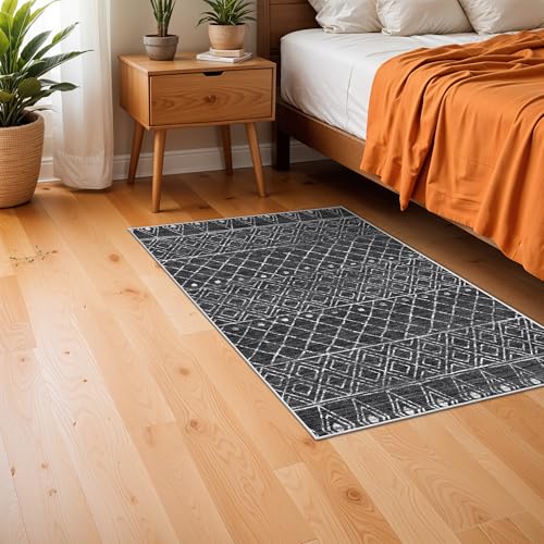 Black Moroccan 2x3 Entryway Small Area Rug | Machine Washable Low Pile Thin Non Slip Indoor Carpet, Pet Friendly, Fits Front Door, Farmhouse Decor for Kitchen, Bedroom - color: Black, size: 2' x 3' (Rectangular)