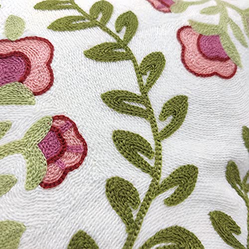 Alysheer Floral Embroidered Summer Decorative Throw Pillow Covers 18"x 18" Set of 2, Farmhouse Cottage Pink Flowers Green Leaves Knit Pattern Cotton Canvas Cushion Case for Sofa Couch Bed Living Room - color: Pink, size: 18" x 18" (Pack of 2)