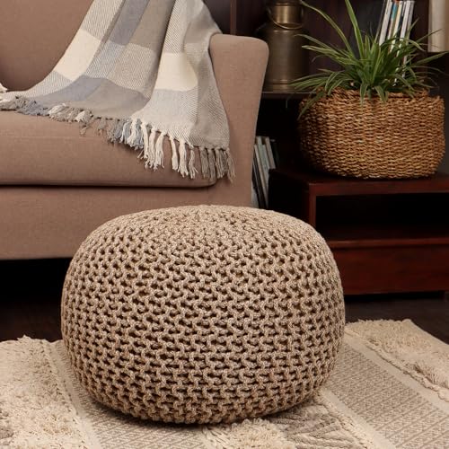REDEARTH · Round Pouf Ottoman - Hand Knitted Cable Boho Poof Home Décor Pouffe Circular Footrest for Living Room - Nursery - Bedroom - Lounge 100% Cotton (18”x18”x14”) - Beige Ivory, Set of 2 - color: Circular Beige Ivory-s, size: 18"Dx18"Wx14"H