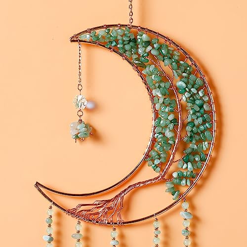 Agate Gemstone Dream Catcher 7 Chakra Tree of Life Dream Catcher with Rainbow Crystal Stones Handmade Dreamcatcher Wall Decor for Adults Boys Girls,Bedroom,Wedding,Garden,Bless Gift(Green Moon) - color: Green Moon Agate