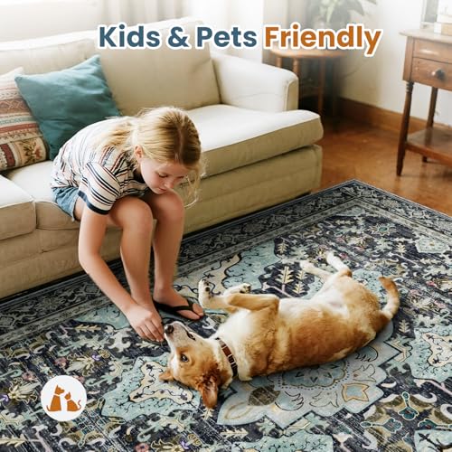 AMTOVO 2x3 Washable Entryway Area Rug Door Mat, Vintage Boho Distressed Print Pattern Non-Slip Carpet, Small Throw Rug for Indoor Entrance Kitchen Bedroom Bathroom Laundry Floor, Grayish Blue - color: Grayish Blue, size: 2' x 3' (Rectangular)