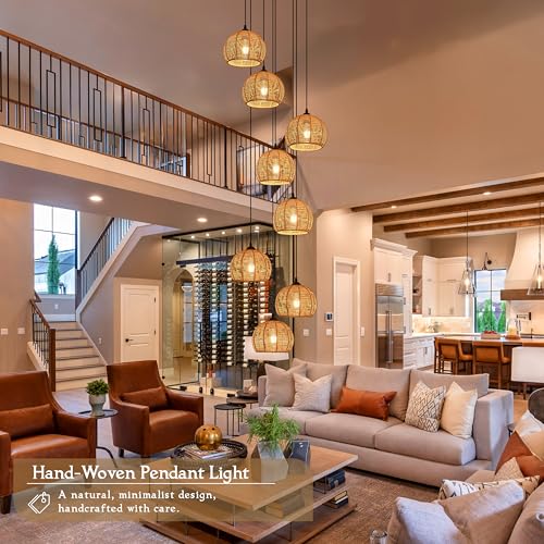 8-Light Woven Foyer Chandeliers for High Ceiling H100",8 Dome Boho Rattan Pendant Lights Farmhouse Ceiling Light,rustic Hemp rope Light Fixture For Living Room Hallway Staircase Entryway (Bulb Incl. - color: 16" Natural 8-Light