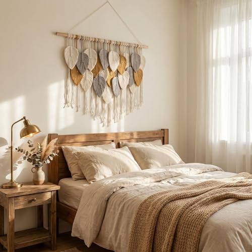 Jditngp Large Macrame Wall Hanging Boho Woven Leaf Tapestry,Hand Woven Tassels,Nordic Home Decorations Bohemian Handmade Leaf Feather Big Wall Art Decor for Living Room Bedroom Apartment 39" Wx31.5 L - color: grey21