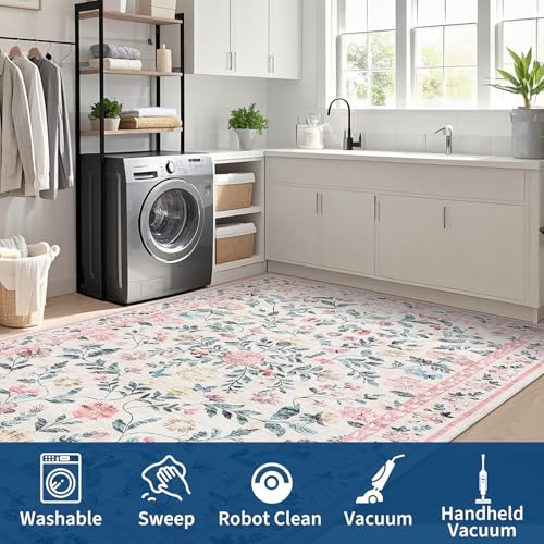 GarveeHome Washable Rug 6 x 9, Low Pile Farmhouse Floral Rug, Non-Shedding Indoor Foldable Printed Carpet Non-Slip Soft Vintage Throw for Bedroom Dining Room Kitchen, Pink - color: Pink, size: 6' x 9' (Rectangular)