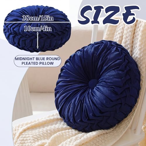 Drydiet 1 Pcs Round Throw Velvet Pillows Decorative Pleated Throw Pillows Diameter Accent Pumpkin Boho Chair Cushion for Couch Sofa Home Decoration (Navy Blue,15'') - color: Navy Blue, size: 15''