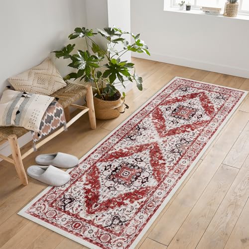 GarveeHome Boho Area Rugs for Living Room Large Machine Washable Stain Resistant Non-Slip Rugs for Bedroom, Entryway Kitchen Playroom Nursery Office, Ultra Soft Vintage Carpet - color: Red, size: 2'x6'