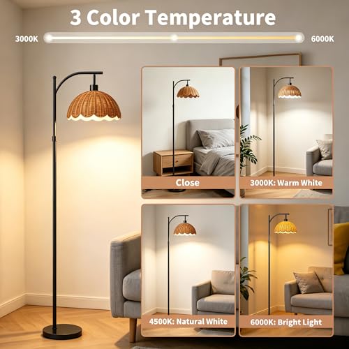 Arc Floor Lamp for Living Room, Boho Floor Lamps with Hand-Woven Rattan Flower Shade, Farmhouse Standing Lamp with Remote & 3 Color Temp Bulb, Height Adjustable Tall Lamp for Bedroom Office Corner - color: Black