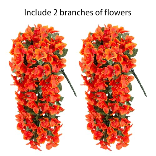 Artificial Bougainvillea Faux Flowers Plants for Outdoors Outside Fall Autumn Decor, 2 PCS Silk Trailing Vines UV Resistant Realistic Orange Fake Flowers for Planter Front Door Porch Patio Balcony - color: Orange