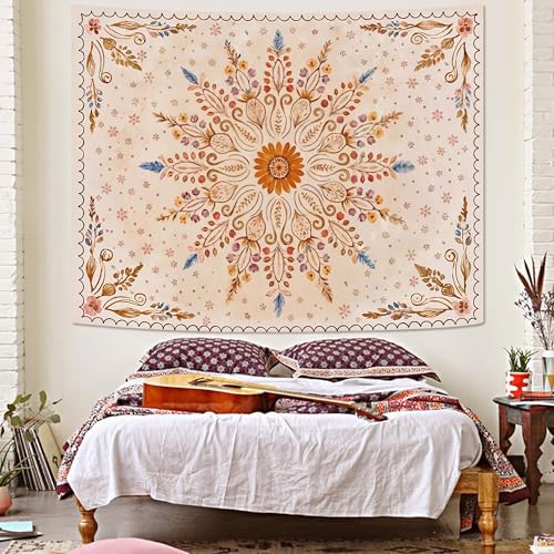 Fowocu Boho Floral Mandala Tapestry for Bedroom Aesthetic Watercolor Bohemian Flower Wall Tapestry Brown Beige Hippie Indian Small Tapestries Wall Hanging for Living Room Dorm Decor 48 x 36 Inch - color: Brown Yellow, size: 48"L x 36"W
