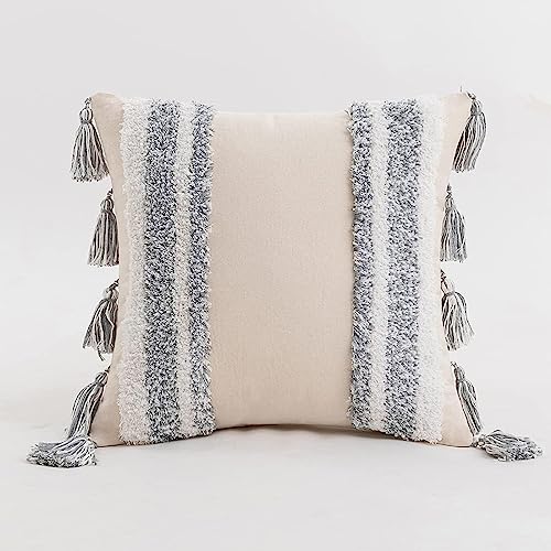 Boho Tufted Throw Pillow with Tassels, Country Thick Striped Style Soft Cushion Cover Decor wuth Zipper for Chair Bed Couch Living Room (Grey,18" x 18") - color: Grey, size: 18 x 18-Inch