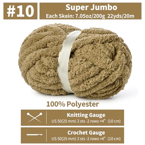 10 Pack Jumbo Chenille Yarn for Crocheting, #10 Super Bulky Baby Soft Yarn for Hand Knitting, 220 yds /70.5 oz Fluffy Chunky Knit Throw Blanket Yarn (Khaki) - color: Khaki
